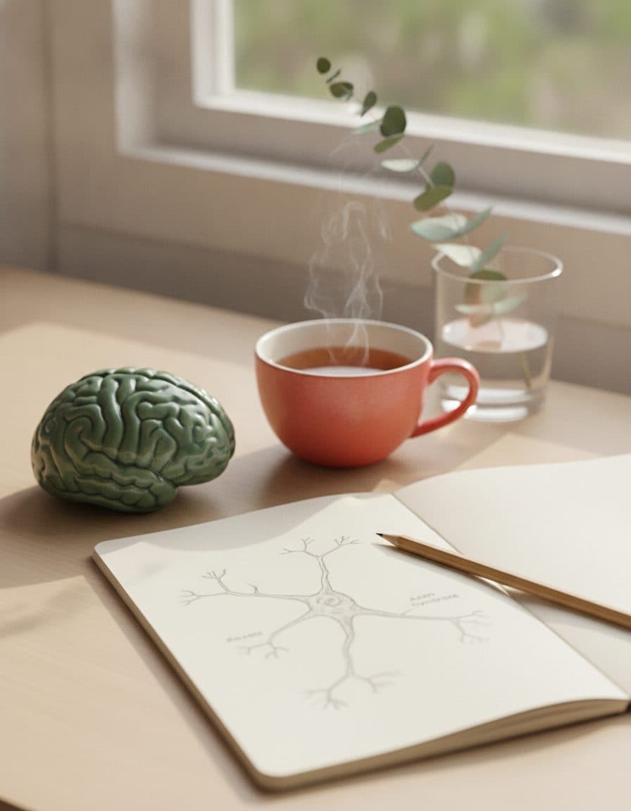 A scientist's desk by a window: an open notebook with a neuron sketch, a small ceramic brain model and a cup of tea