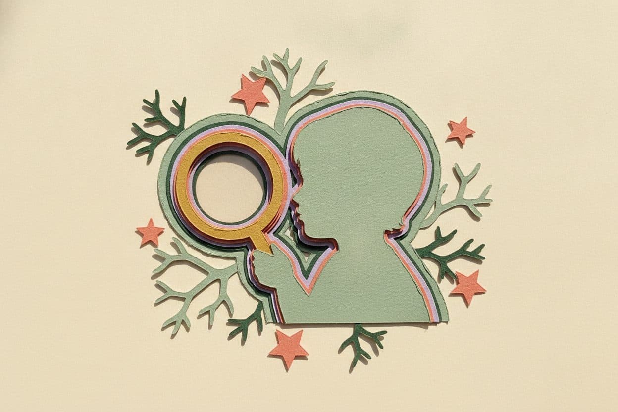 A paper child's silhouette holding a magnifying glass over paper stars