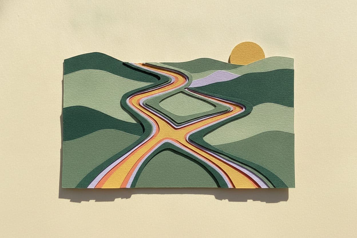 A paper path forking into branches over golden paper hills