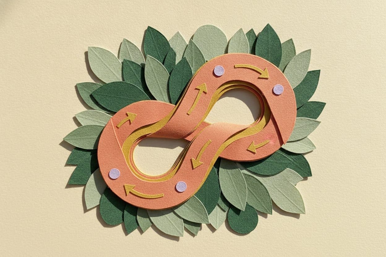 A coral paper ribbon looping back on itself, like a habit