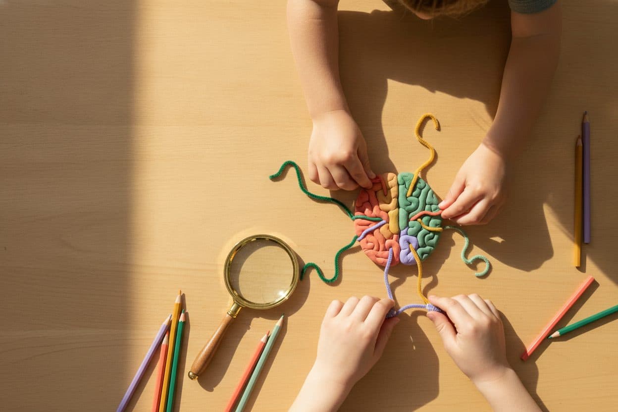 Children's hands building a colourful brain model from modelling clay on a wooden table