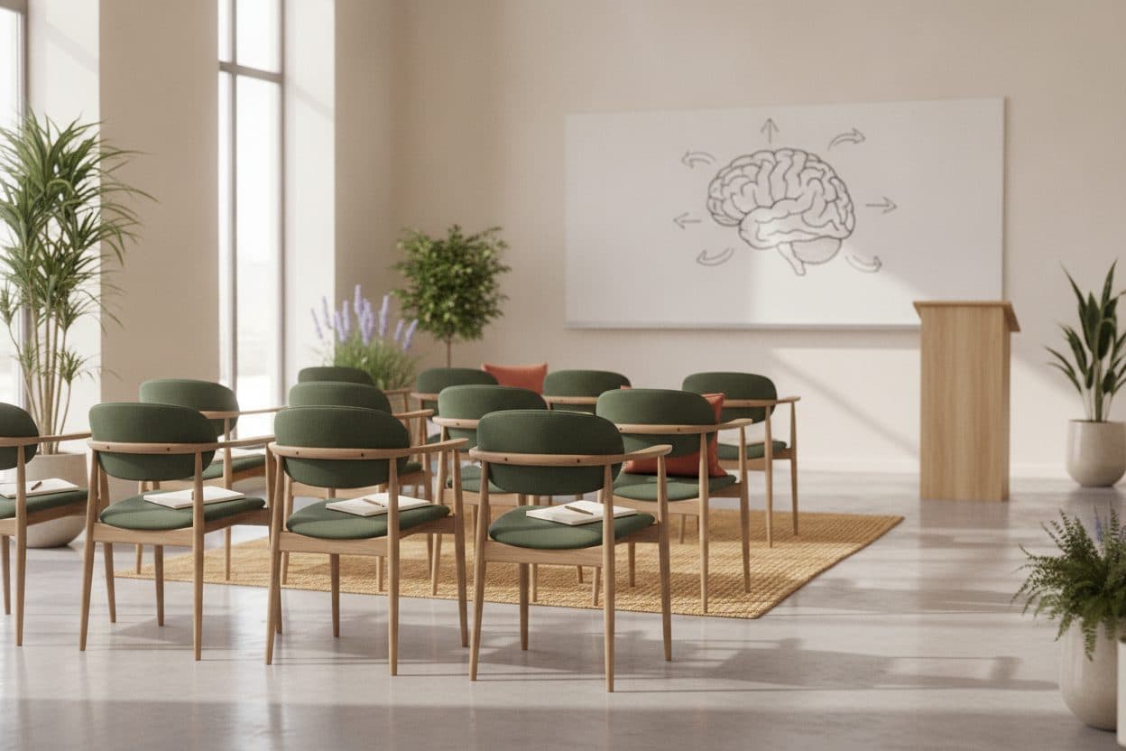 A bright seminar room before a talk, with a simple brain outline drawn on the whiteboard