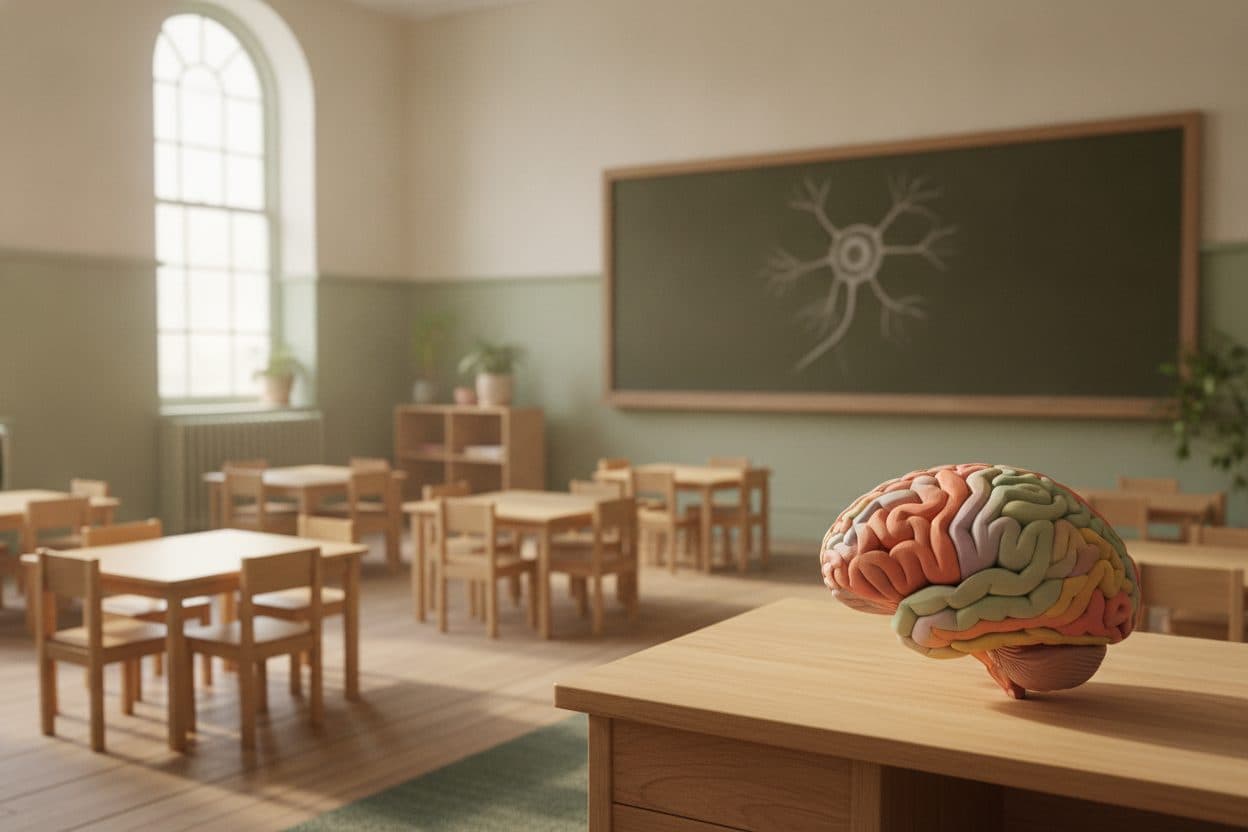 An empty primary school classroom in morning light, with a paper brain model on the teacher's desk and a neuron drawn on the board