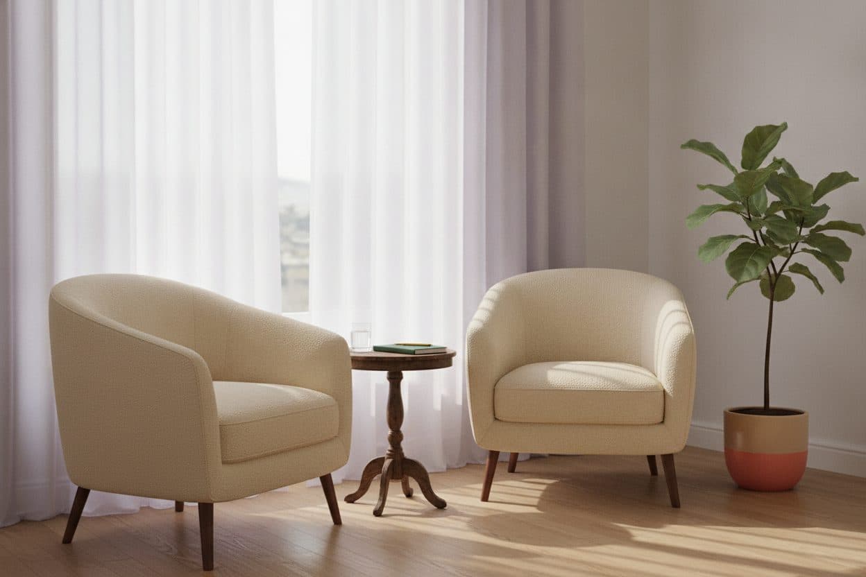 Two armchairs angled toward each other by a bright window, ready for a one-to-one conversation